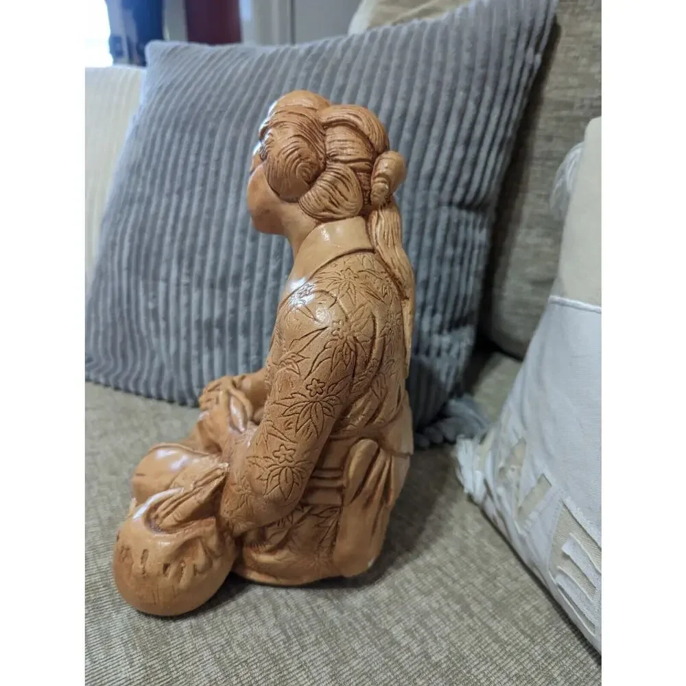 Rare Vintage Asian Geisha Figurine Woman Painting Duck 10 in Tall Mid-Century